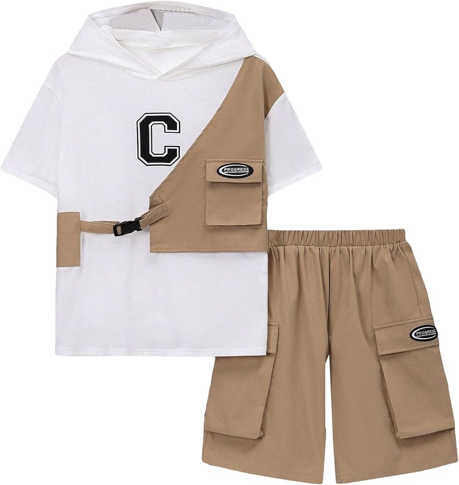 Verdusa Boy's 2 Piece Outfits Pocket Front Hoodie Tee Top and Cargo Shorts Khaki 10Y