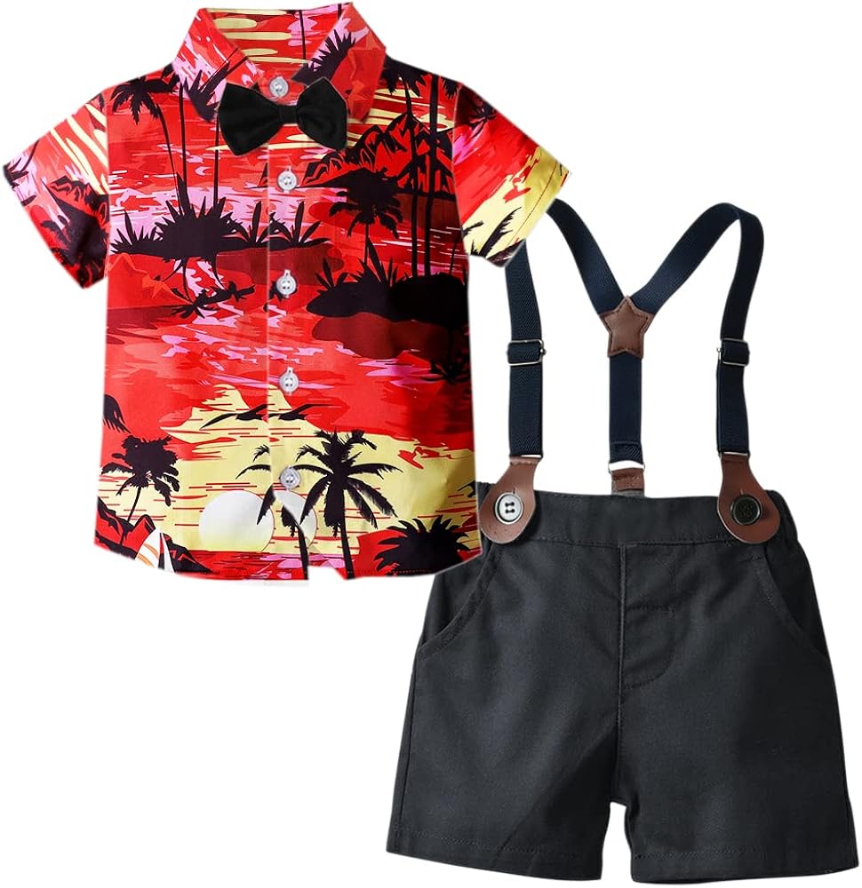 SANGTREE Boys Gentleman Outfit, Kids Short Sleeve Button Down Floral Shirt + Suspender Shorts Hawaiian Clothes Sets Floral Red 1， 5-6 Years = Tag 140