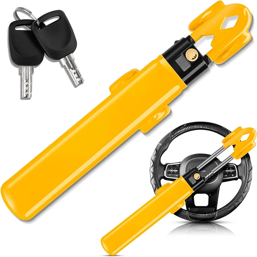 KYX Steering Wheel Lock for Car - Double Hooks Anti-Theft Device and Heavy Duty Car Security Lock with Adjustable Locking and 2 Keys - SUV Pickup Truck Van (Yellow)