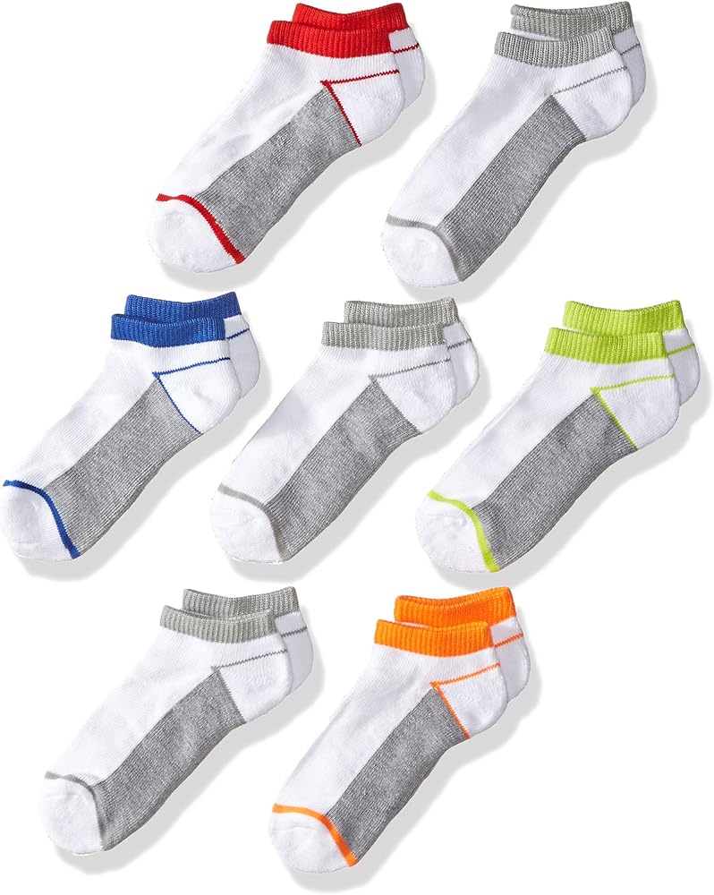 Fruit of the Loom Boys' Big 6 Pack No Show Eveyday Active Socks, White/red/Gray/Orange/Green/Blue, Medium (Shoe Size: 9-2.5)