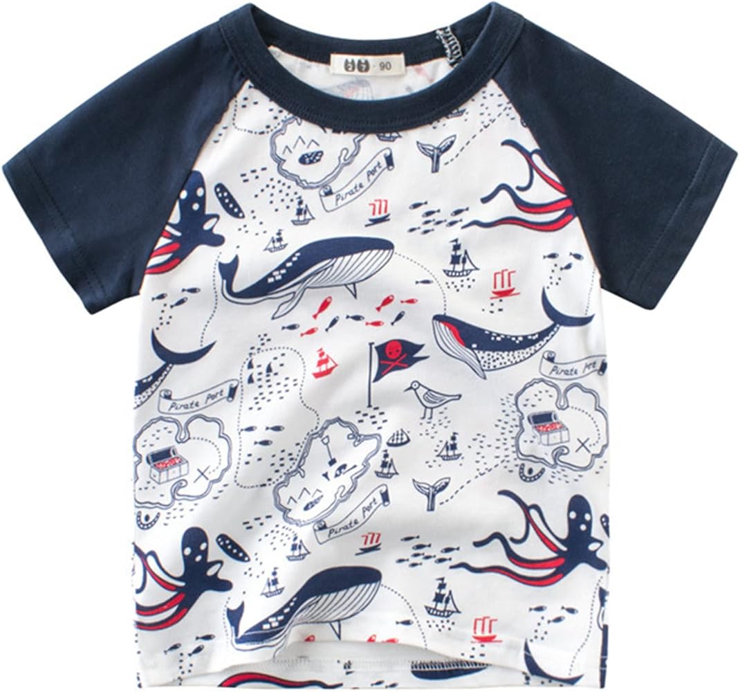 POLG Toddler Boys Short Sleeve Crewneck T-Shirts Top Tee Cartoon Dinosaur Graphic Shirts Cotton Summer Clothes 1-7 Years