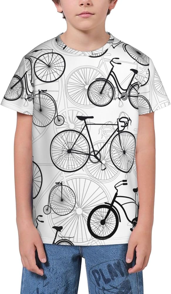 Bicycle Pattern Teen Boys Short Sleeve Crew Neck T-Shirt Casual Tee Tops for Youth Kids