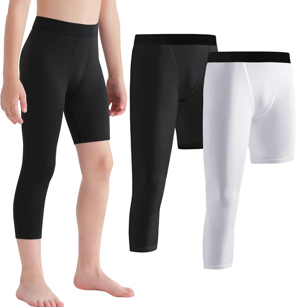 2 Pack Boys Compression Pants One Leg 3/4 Legging for Basketball Running Capri Tights Sports Athletic Base Layer