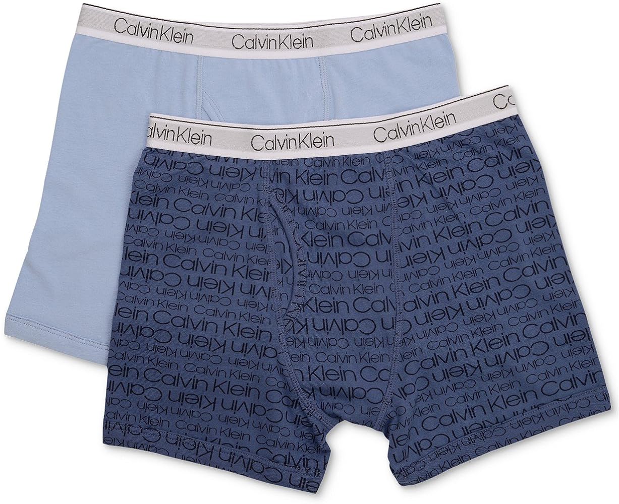 Calvin Klein Boy`s Modern Cotton Stretch Logo Boxer Briefs 2 Pack (Blue Bell(I5131)/CK Logo Blue, X-Large)