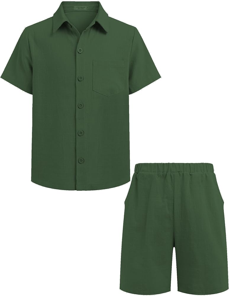 COOFANDY Boy's 2 Piece Outfit Linen Short Sleeve Button Down Shirt Shorts Sets