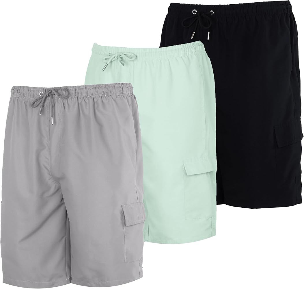 Real Essentials 3 Pack: Boy's Swim Trunks with Cargo Pockets & Mesh Lining - UPF 50+