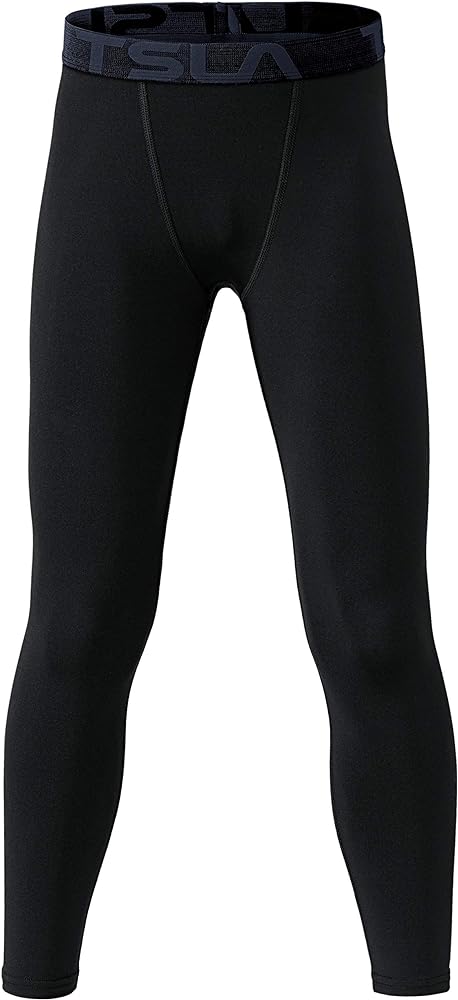 TSLA 1 or 2 Pack Boys Youth UPF 50+ Compression Pants Baselayer, Cool Dry Running Tights, 4-Way Stretch Workout Leggings