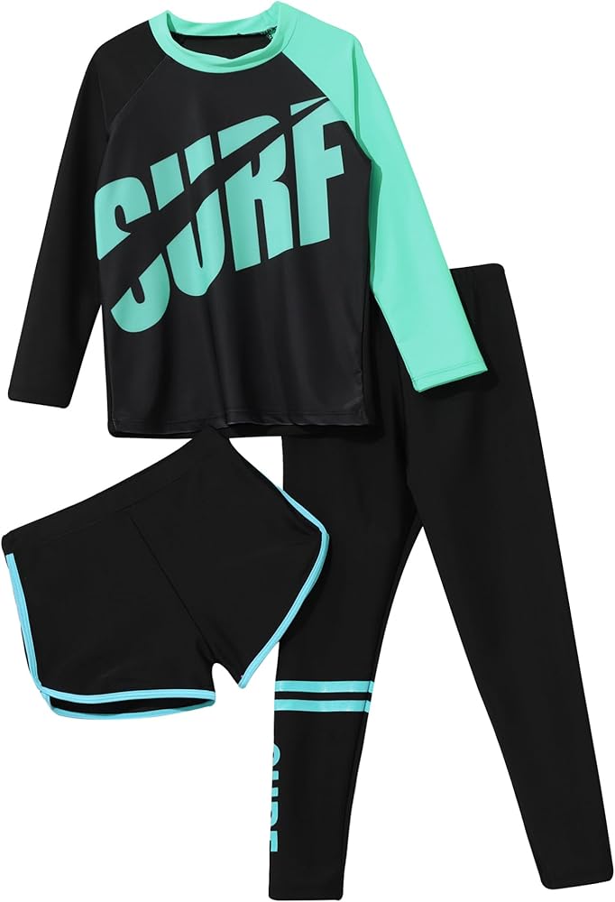 Kids Girls Boys 3 Piece Swimsuit Long Sleeve Swim Shirt with Trunks Pants Rash Guard Set UPF 50+ Swimwear