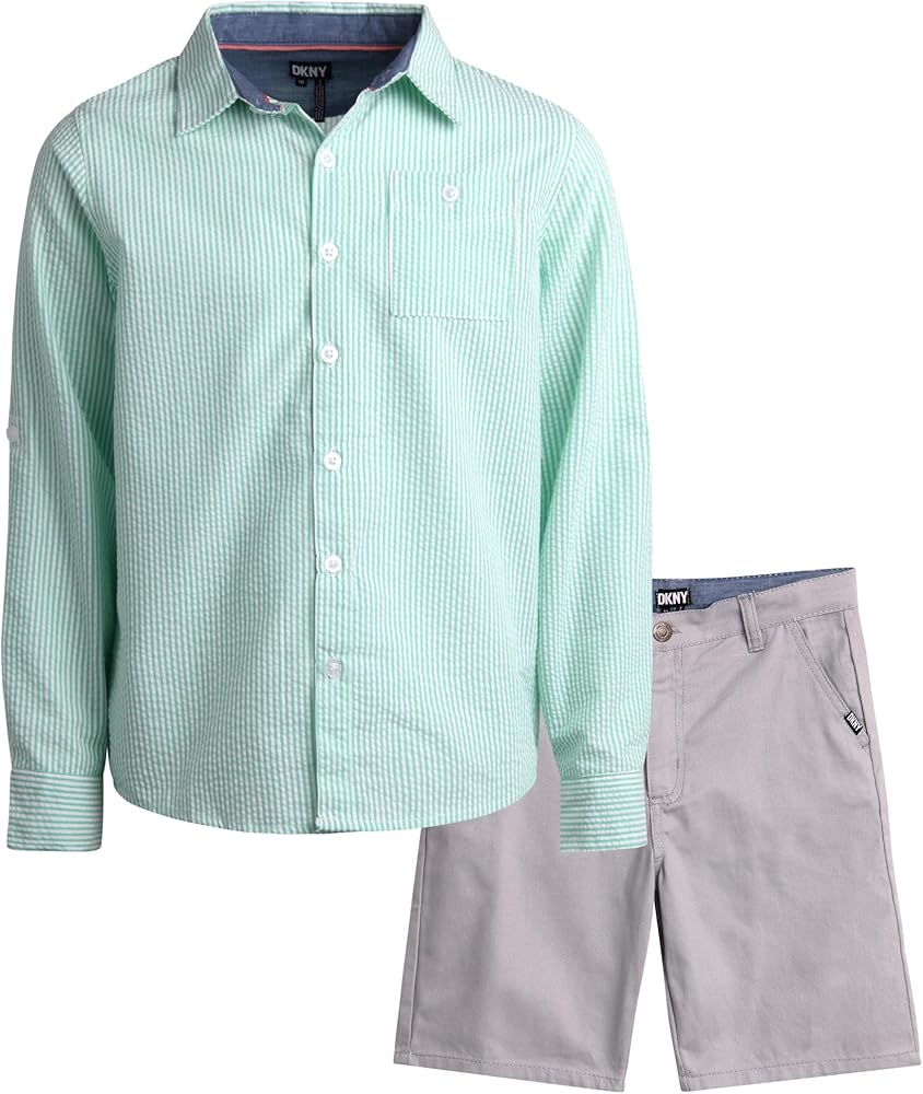 DKNY Boys' Shorts Set - 2 Piece Roll Up Sleeve Button Down Shirt and Shorts - Summer Outfit Set for Boys (8-12)