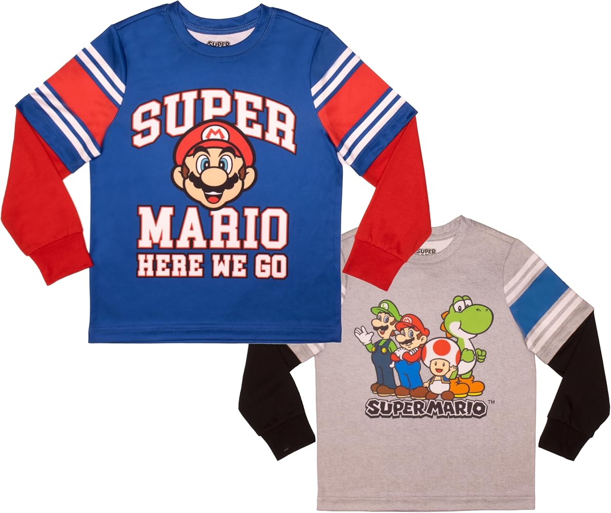 Nintendo Kids Super Mario Bros Mario & Luigi Boys Long Sleeve 2-Pack Active Mesh T-Shirt Bundle Set for Boys