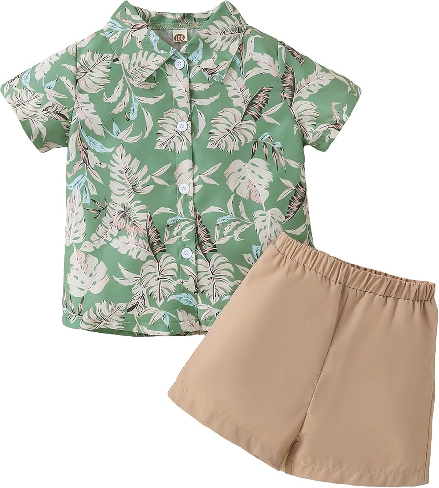 Verdusa Toddler Boy's 2 Piece Summer Tropical Print Short Sleeve Shirt and Shorts Set