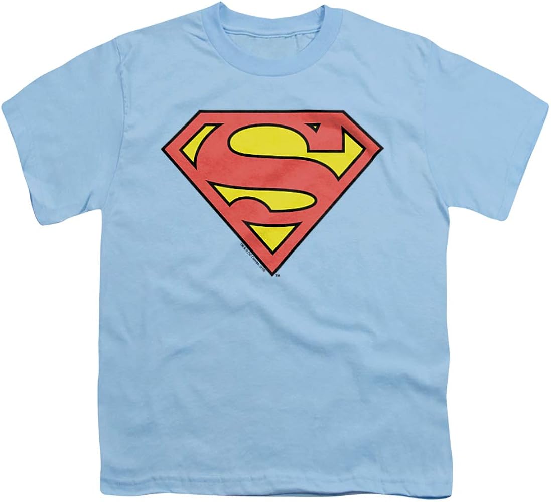 Superman Logo Youth/Big Kids 7+ Years Unisex Boy Girl Short Sleeve Graphic T-Shirt & Stickers (Small) Light Blue