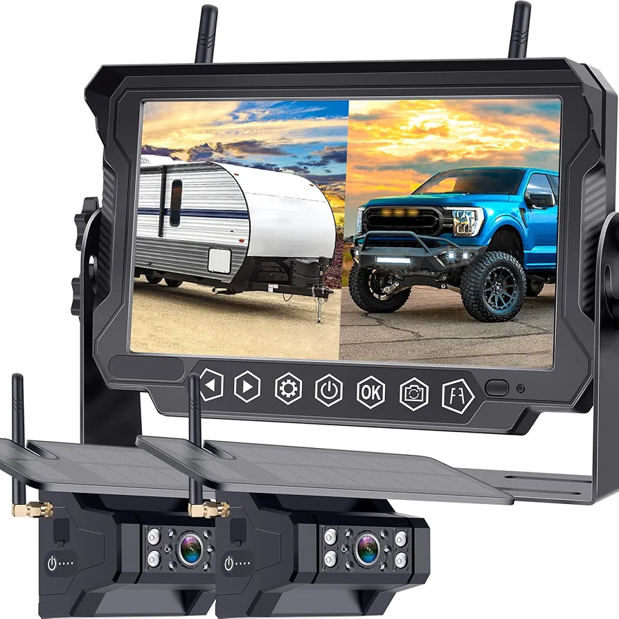 Solar Wireless Backup Camera for RV Trailer: Easy Setup Strong Signal Dual Magnetic Rear View Cameras - 7'' Touch Key HD 1080P Recording Camper Reverse Camera with Monitor - DoHonest V23