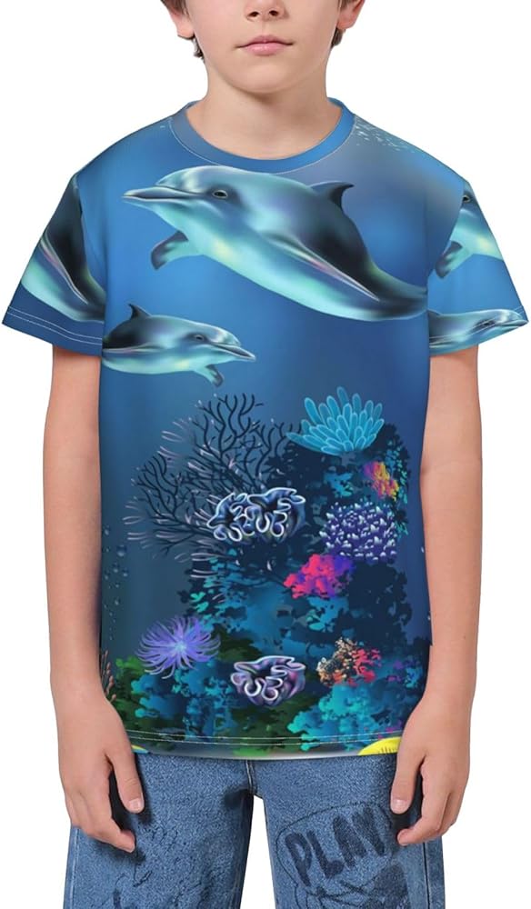 Sea Ocean Dolphin Coral Teen Boys Short Sleeve Crew Neck T-Shirt Casual Tee Tops for Youth Kids