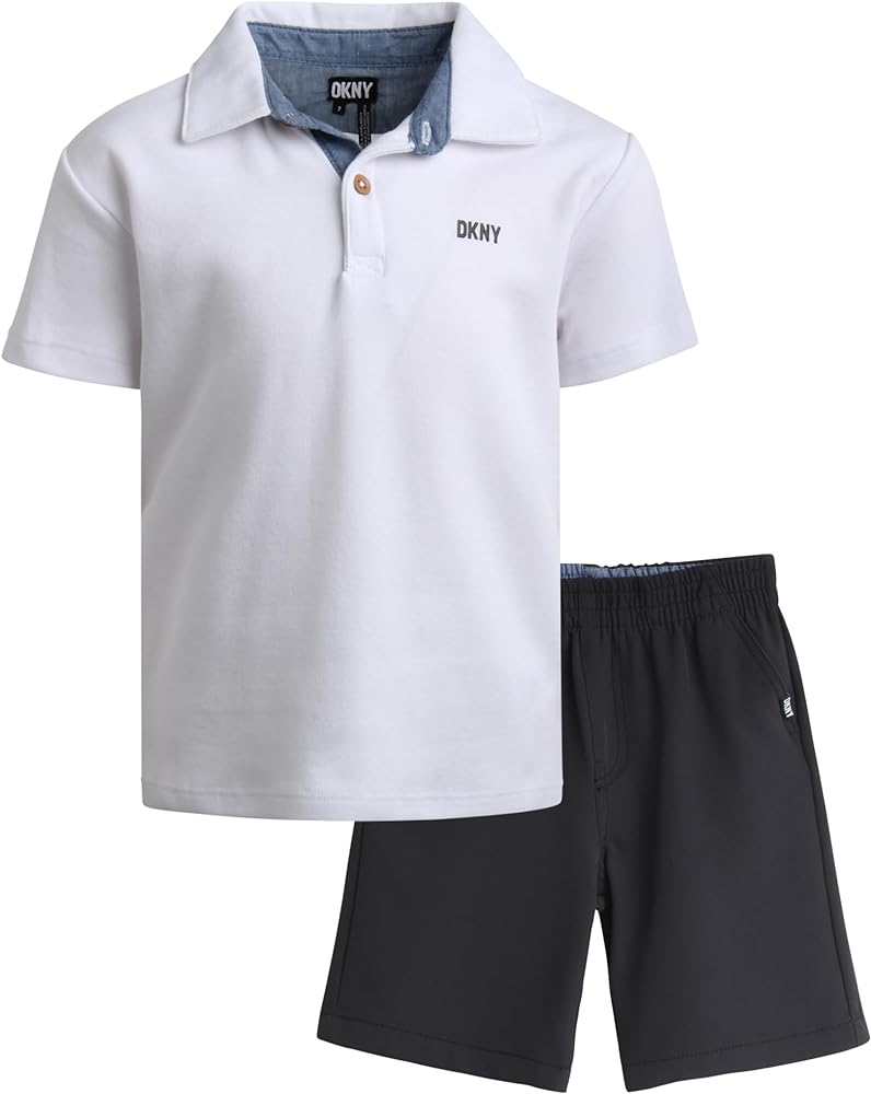 DKNY Boys' Shorts Set - 2 Piece Short Sleeve Polo Shirt and Stretch Tech Shorts - Summer Outfit Set for Toddler Boys (2T-7)