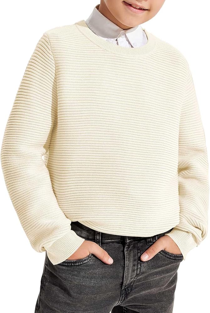 Haloumoning Boys Crewneck Knit Sweaters Kids Fashion Long Sleeve Solid Color Pullover Tops 7-14 Years