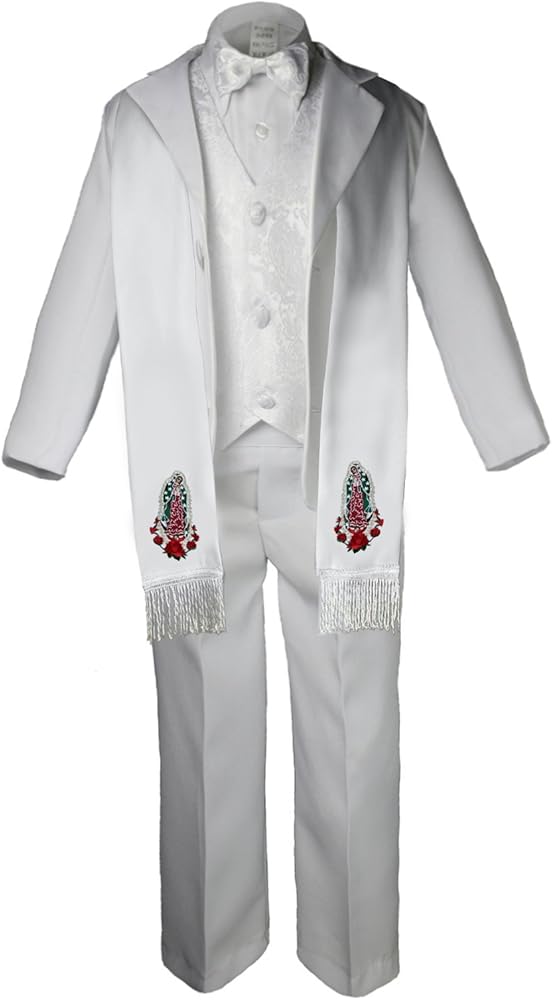 6pc Baby Toddler Boy Formal Baptism Communion White Tuxedo Suit Mary Stole Sm-20