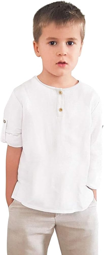 Curipeer Boys Girls Button Down Shirts Cotton Linen Unisex Tee for Spring Summer