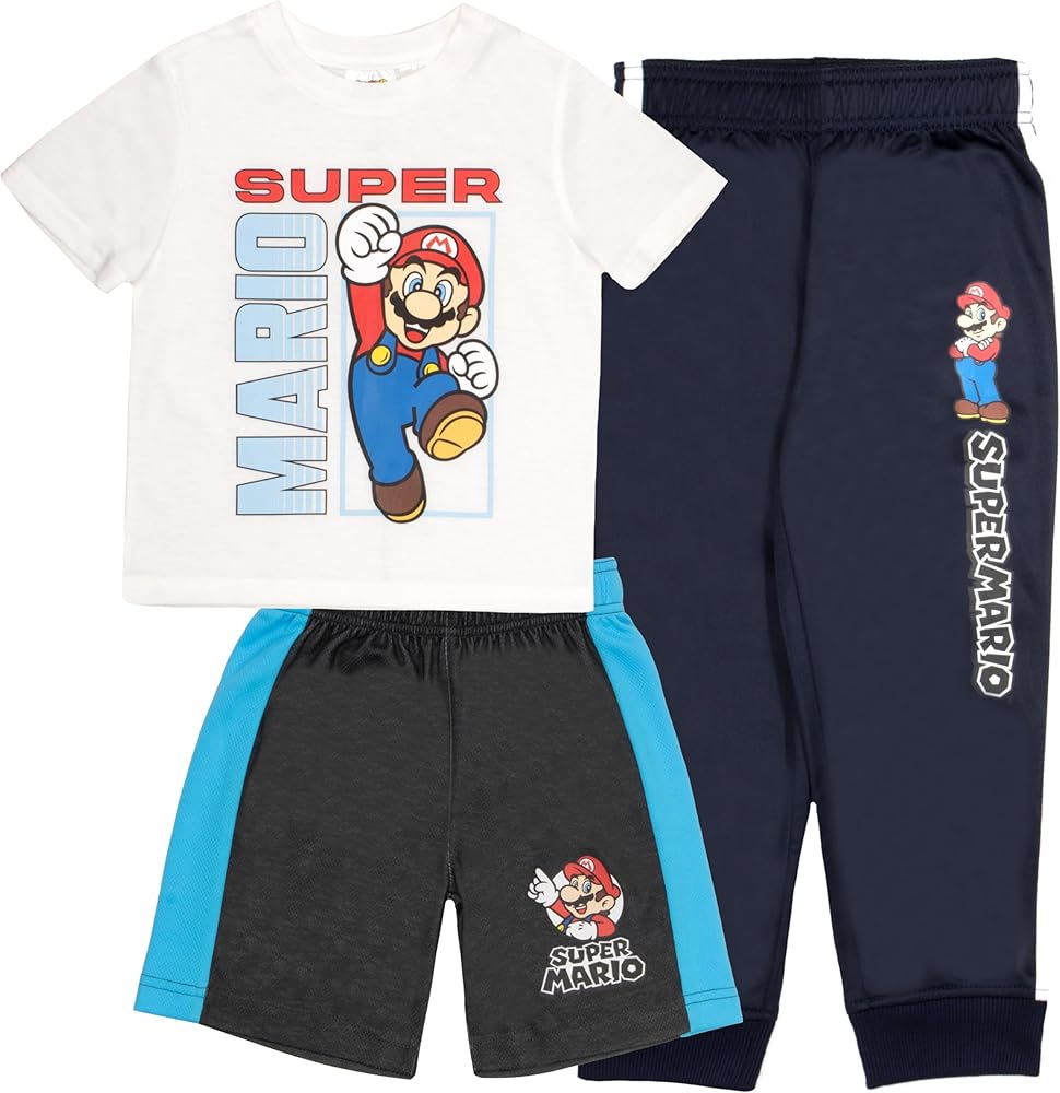 Nintendo Super Mario Bros Boys 3-Piece Pants Set - Short Sleeve T-Shirt, Shorts, and Jogger Pants 3-Pack Bundle Set