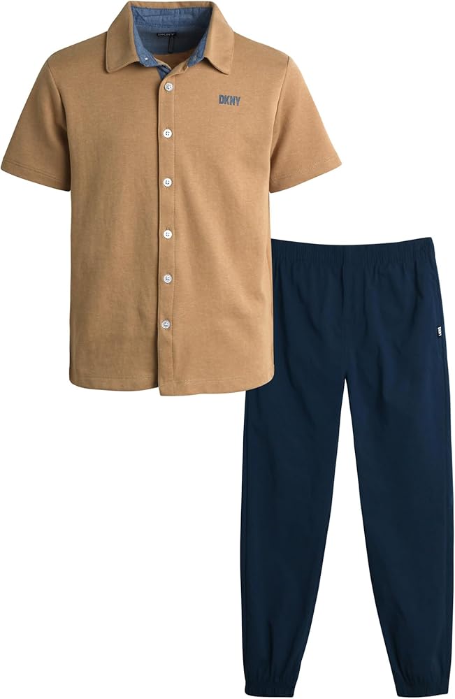 DKNY Boys' Pants Set - 2 Piece Short Sleeve Button Down Polo Shirt and Tech Pants - Complete Outfit Set for Boys (8-12)