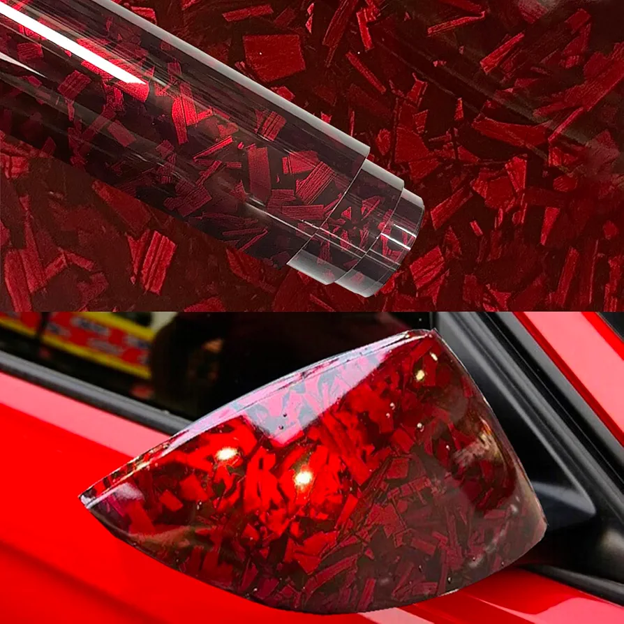 Red Forged Carbon Fiber Vinyl Wrap Self Adhesive Film, High Gloss Car Wrap Vinyl Roll Bubble Free with Air Release Technology, Perfect for DIY Cars Motorcycle Protection (Red High Gloss, 1ft x 10ft)