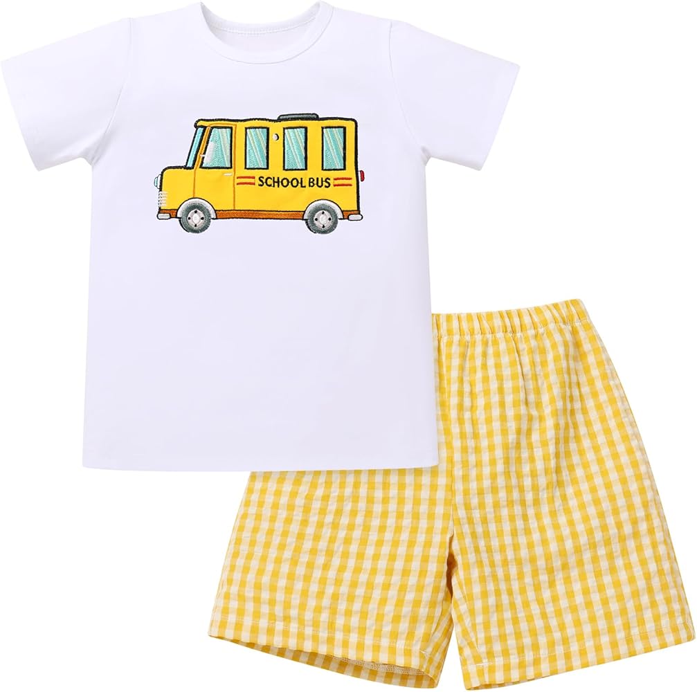 OBEEII Back to School Outfit Toddler Boy Short Sleeve Graphic Shirt Gingham Shorts First Day of School Summer Clothing Set