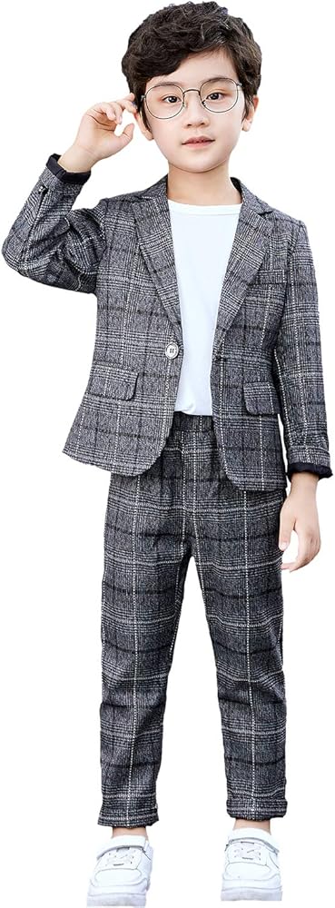 Boys Plaid Blazer Pants Set Casual Suit Classic Kids 2 Piece Sport Coats Outfits