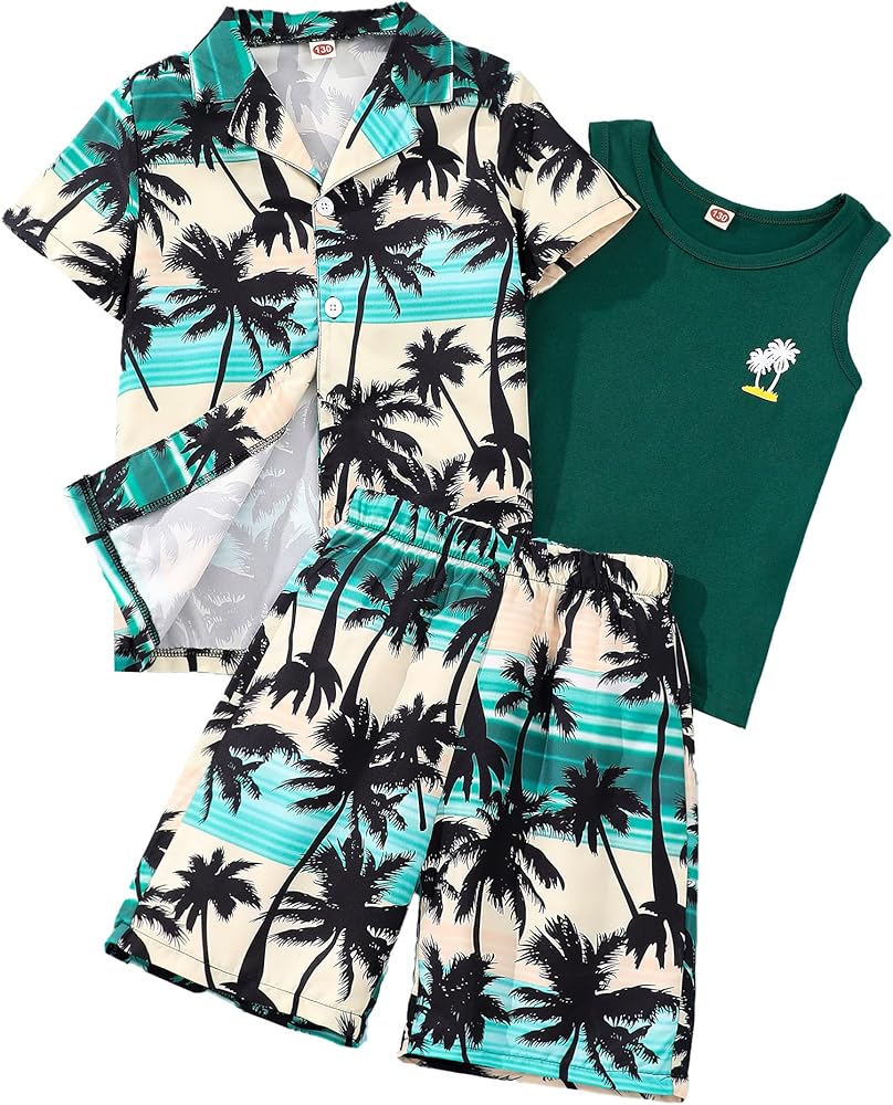 Kids Boys 3Pcs Shorts Sets Hawaiian Outfit Leaves Floral Summer Short Sleeve Shirt Top with Vest+shorts Suits