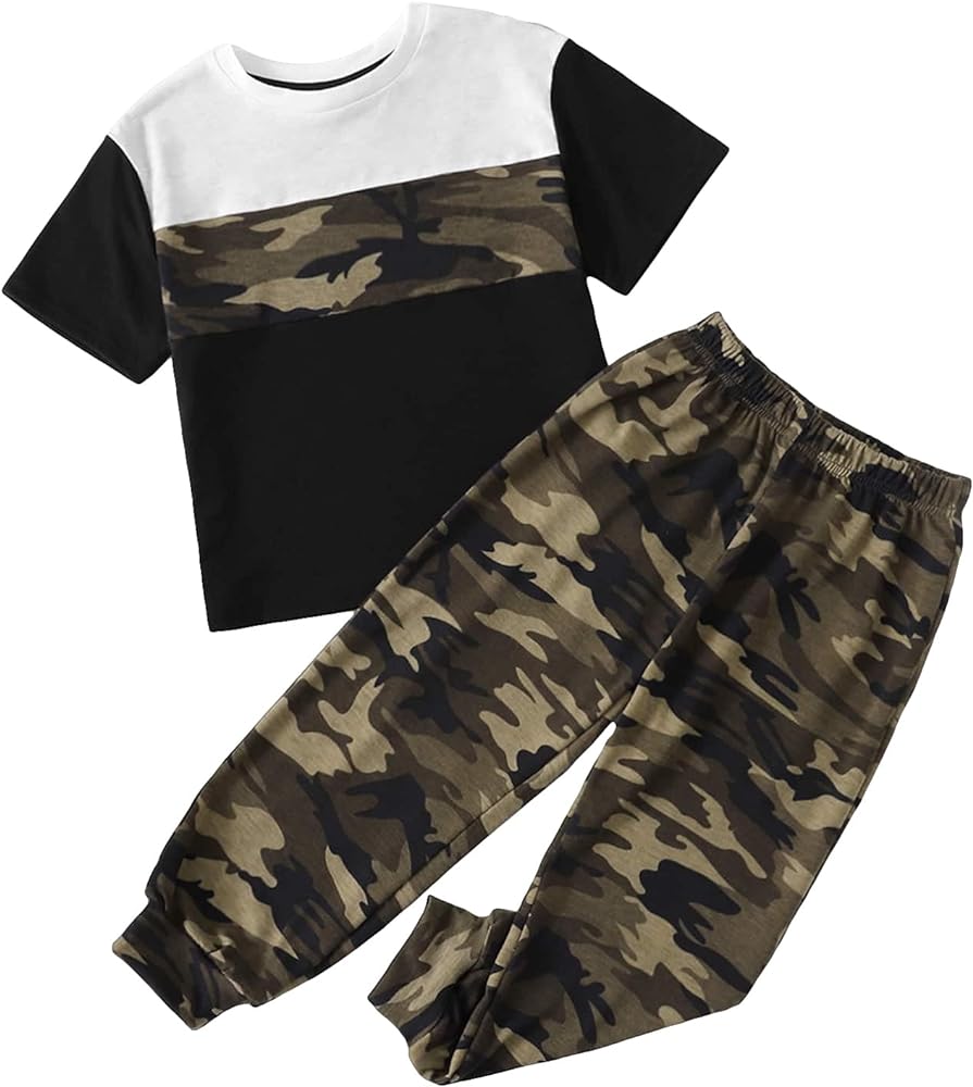 SOLY HUX Toddler Boy's Color Block Camo Tee Shirt and Sweatpants Jogger Two Piece Outfit