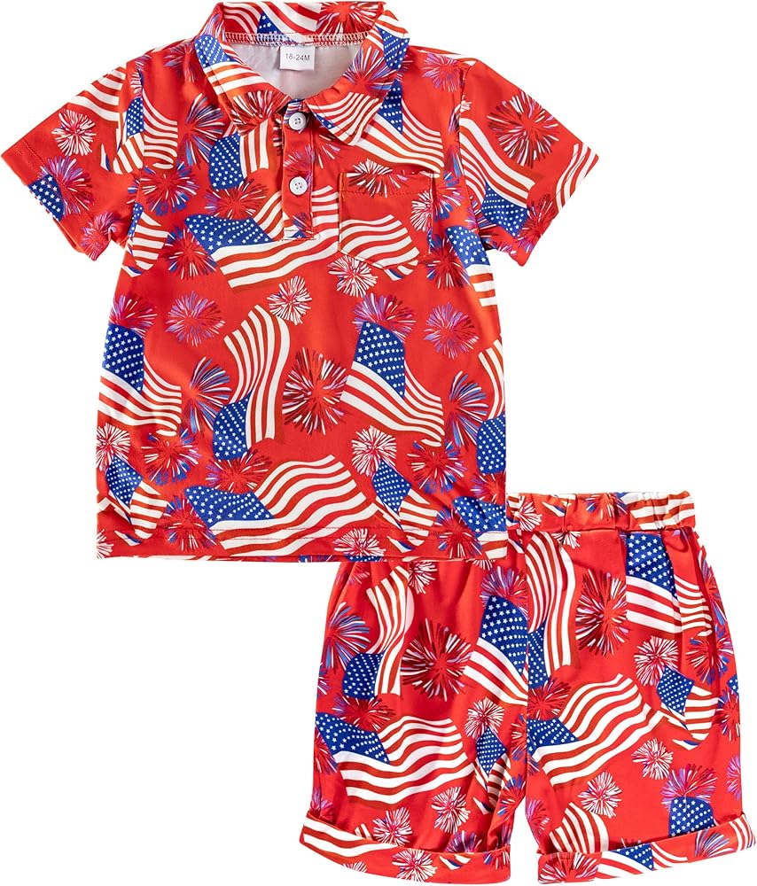 Toddler 4th Of July Outfit Boy Flag Print Red Shirt Top Shorts Two Piece Set