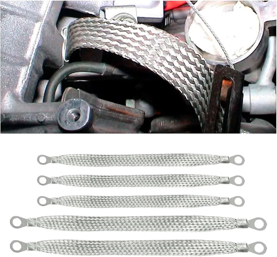 Automotive Ground Strap Kit, 3PCS 10"×1/2" & 2PCS 13"×1/2" Auto Engine Ground Strap, Heavy Duty Flat Braided Tinned Copper Ground Strap, Universal Ground Cable Strap for Most Cars