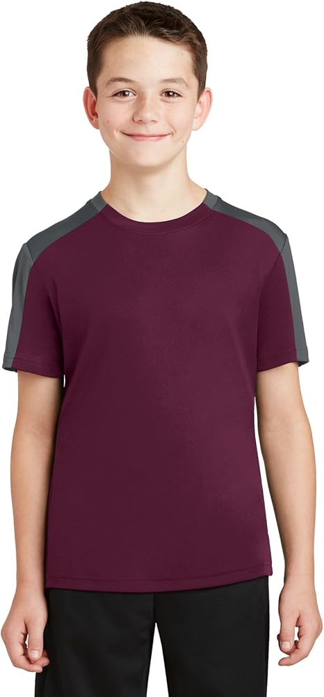 Sport-TekYouth PosiCharge Competitor Sleeve Blocked Tee, Maroon/Iron Grey, Medium