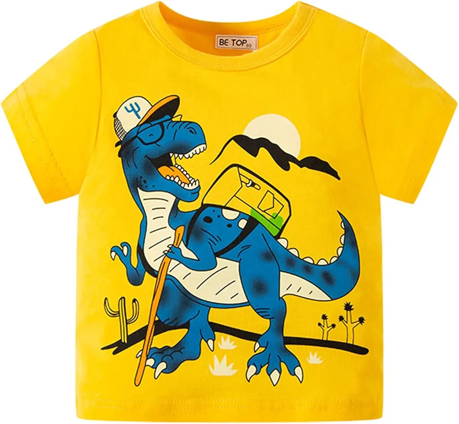 Toddler Boy Girl T Shirts Tank Tops Boys' Short Sleeve T-Shirts Cartoon Dinosaur Short Sleeve Crewneck T Shirts Tops (Yellow, 1-2 Years)