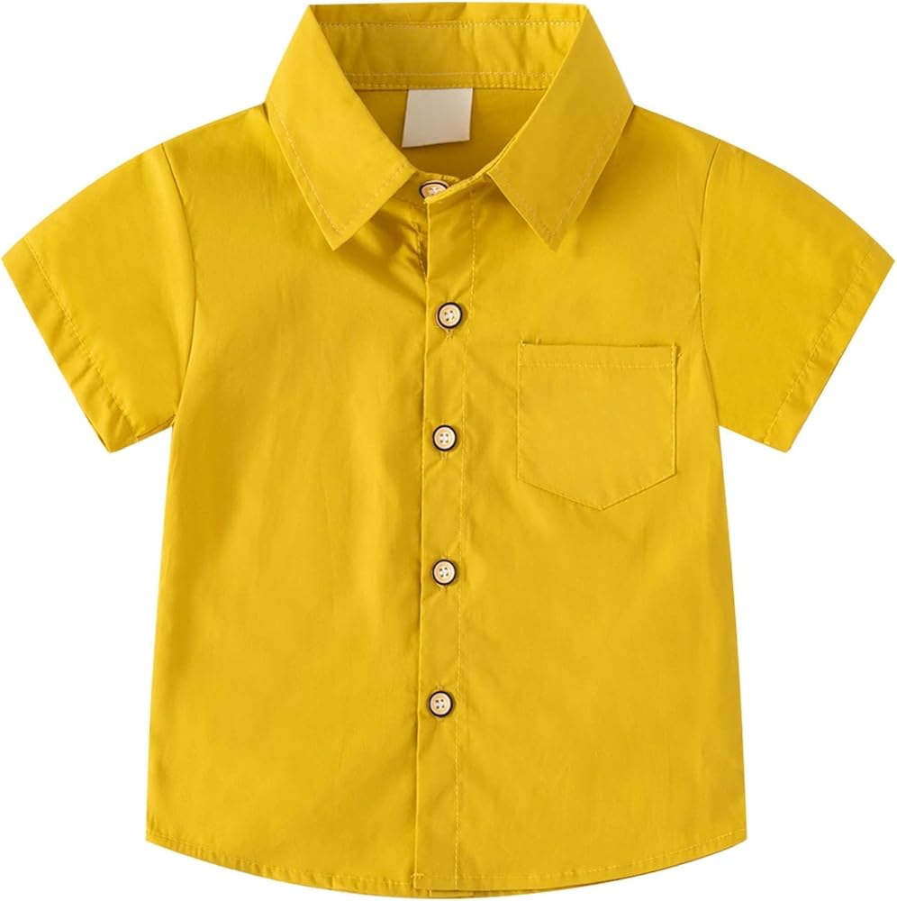 Little Boys Solid Color Short Sleeve Button Down Shirt with Pockets for 2 to 8 Years Lapel Neck Summer Tee Tops