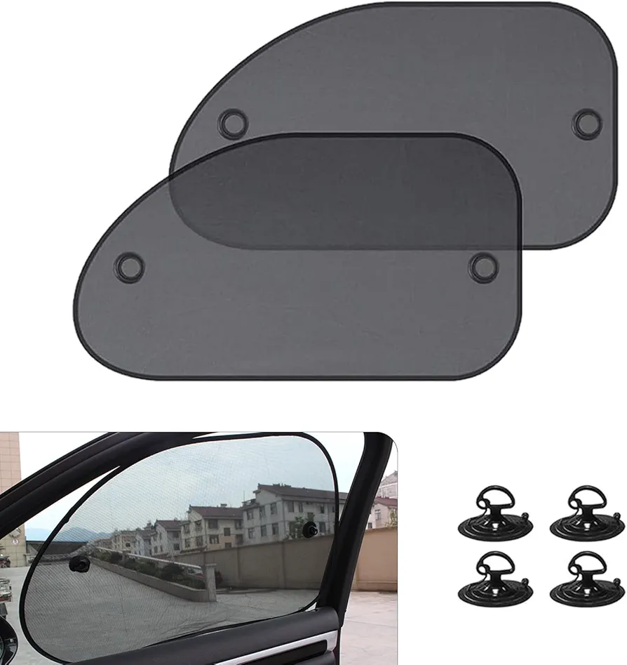 2 PCS Car Front Side Window Sunshade, 25.5" x 14.9" Perfect Arc Fit Mesh Sun Protection Cover, Suction Cup Installed Foldable Storage Insulation Film, Universal for Most Cars Trucks (Black)