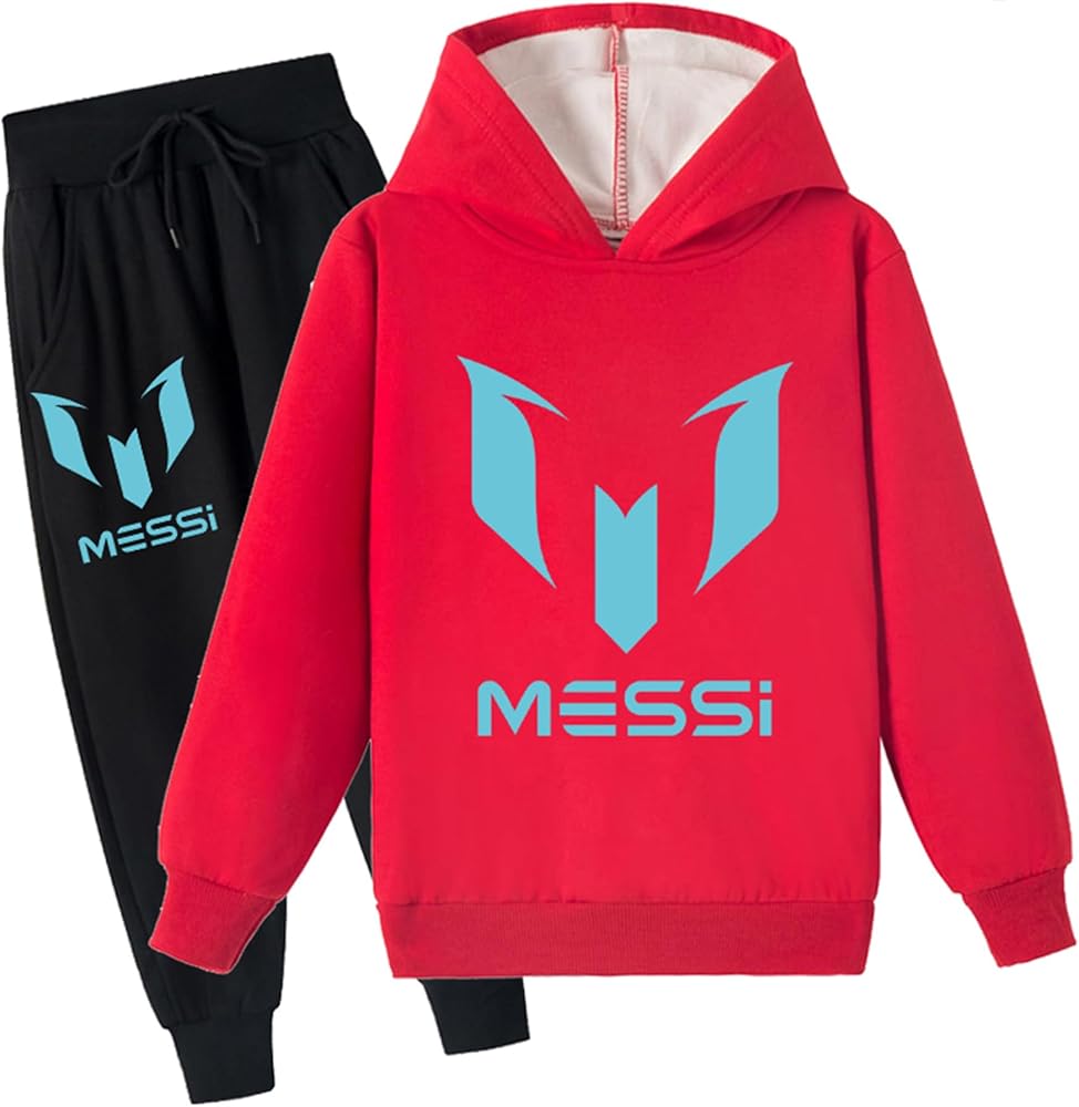 PaPama Kids Lionel Messi Casual Hoodie and Long Pants Set,Brushed Long Sleeve Hooded Outfits for Boys(2-16 Years)