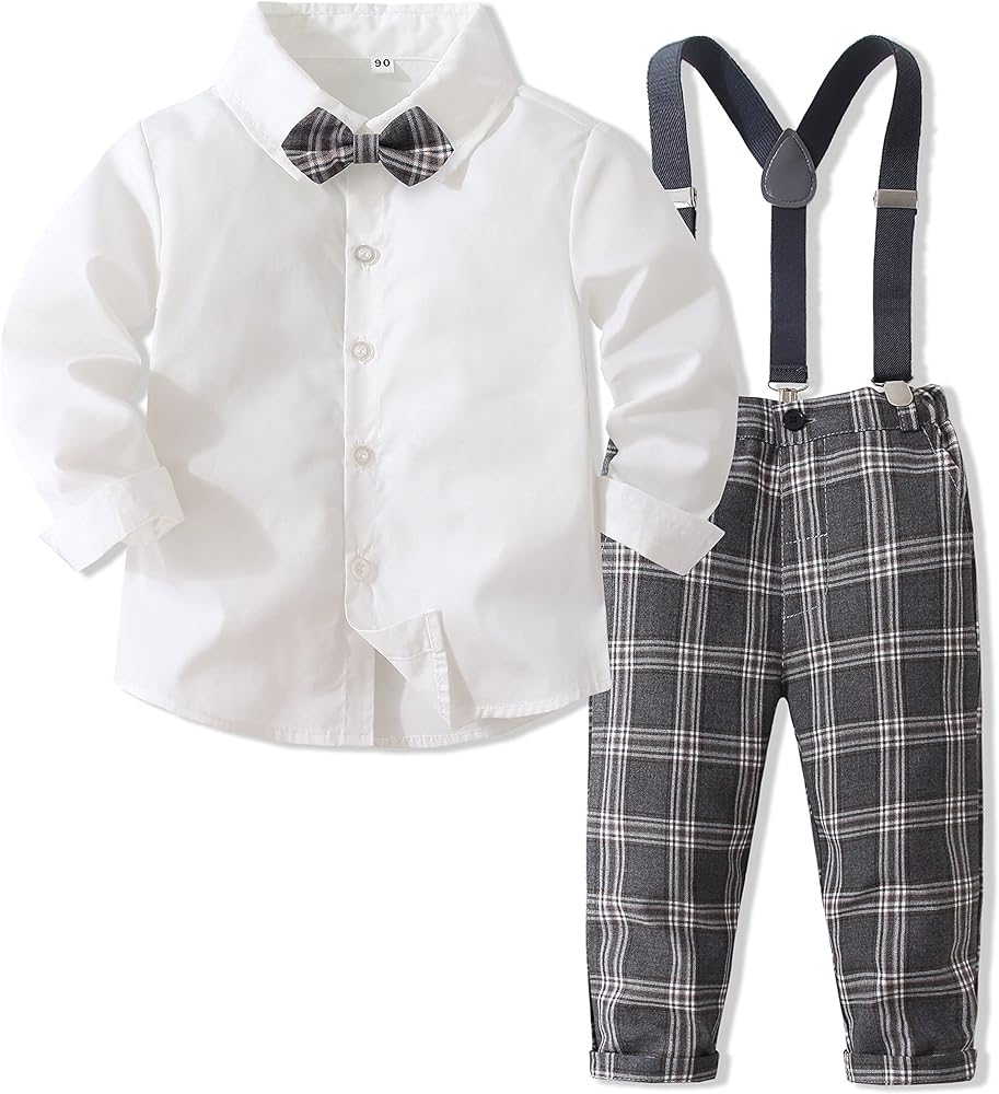 Kimocat Toddler Boy Clothing Sets Plaid Shirt Bowtie and Suspender Strap Pants Outfits