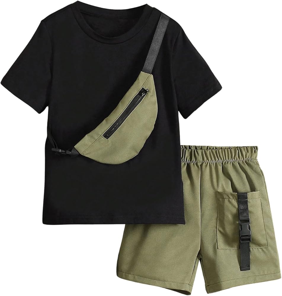 SweatyRocks Boy's 2 Piece Outfits Color Block Round Neck Solid Basic Tee Top and Shorts with Sling Bag