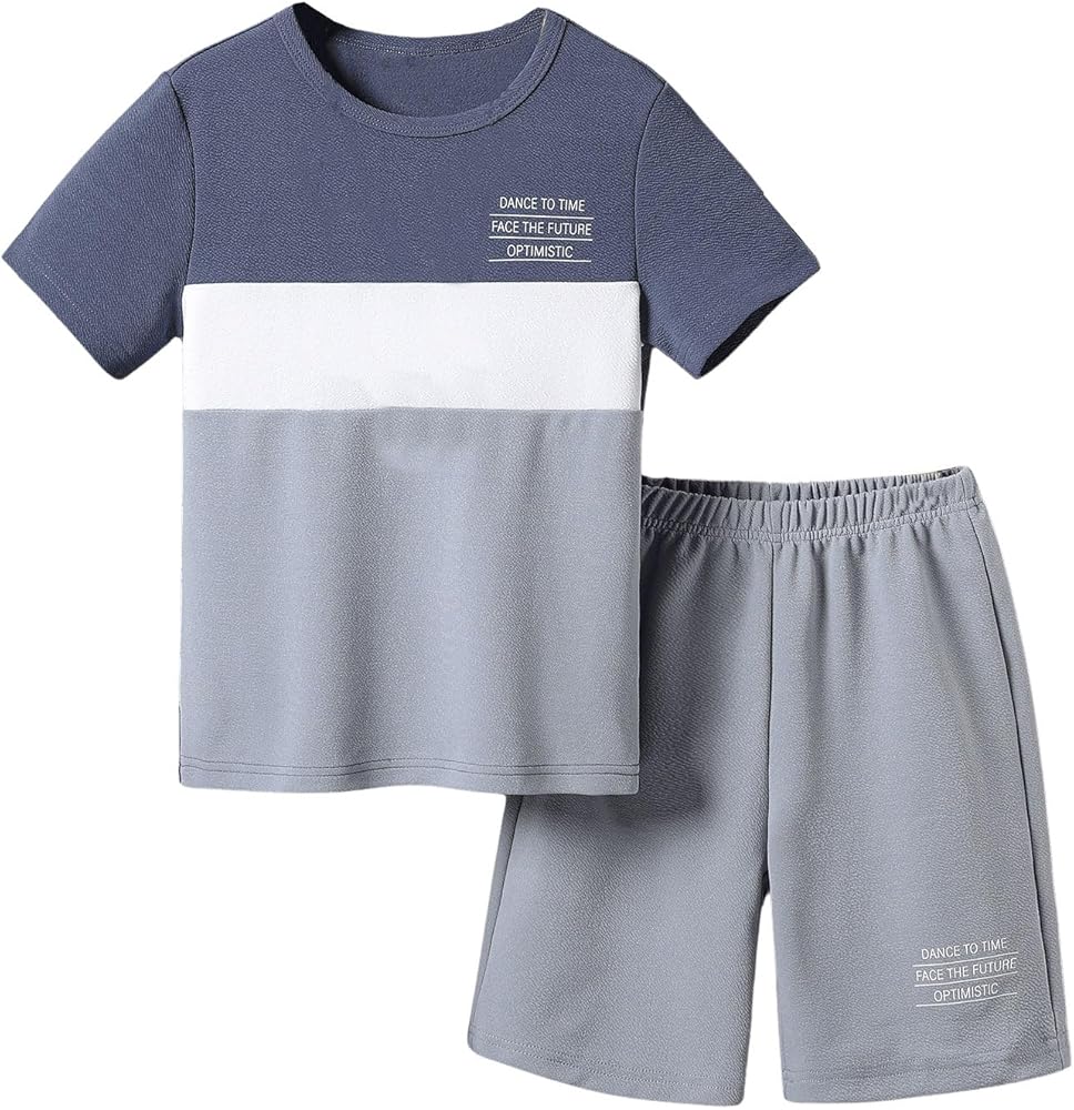 Verdusa Boy's 2 Piece Colorblock Short Sleeve Tee Top and Track Shorts Tracksuits