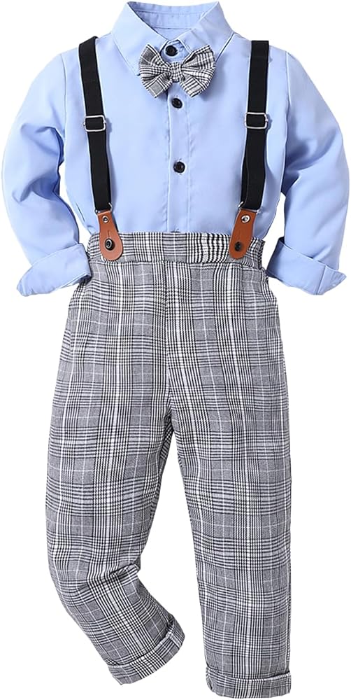 Boys' Long Sleeve Dress Shirt With Bow Tie + Matching Detachable Suspenders + Plaid Trousers 3 Piece Set