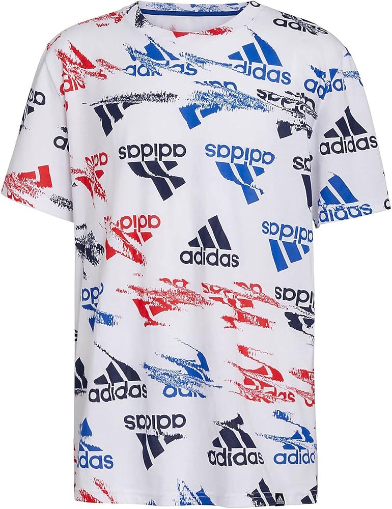 adidas Boys’ Glitchy Allover Print T-Shirt (Large, White/Multi)