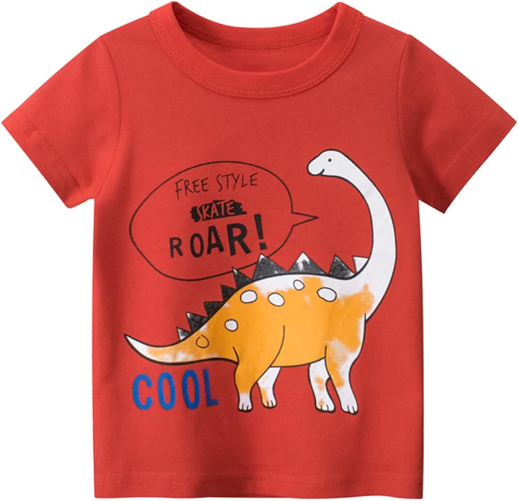 POLG Toddler Boys Short Sleeve Crewneck T-Shirts Top Tee Cartoon Dinosaur Graphic Shirts Cotton Summer Clothes 1-7 Years