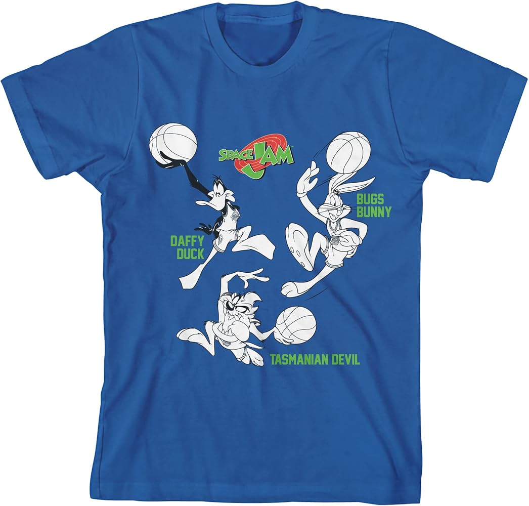 Space Jam Daffy Bugs and Taz Basketball Match Boy's Royal Blue T-Shirt