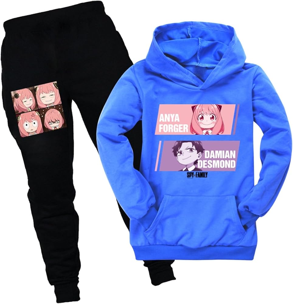 PaPama Boys Girls Cartoon Hooded Pocket Tops Outfits,Novelty Spy x Family Graphic Hoodie with Jogger Pants (2-16Y)