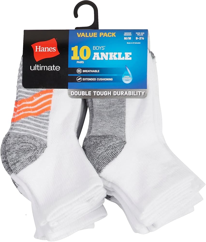 Hanes Boys Ultimate Ankle And No Show Performance Sport Socks, 10-pair Packs Fashion-liner-socks, White/Grey Bottom, Medium US