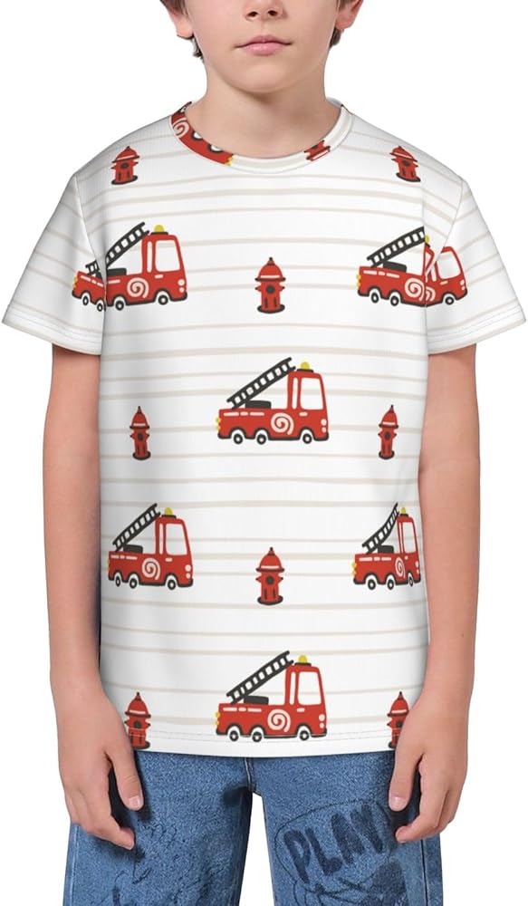 City Fire Truck Teen Boys Short Sleeve Crew Neck T-Shirt Casual Tee Tops for Youth Kids