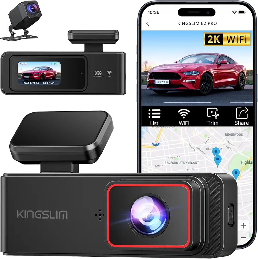 KINGSLIM Dash Cam Front and Rear 2K+1080P, Mini WiFi Dash Camera for Cars Dual Dashcam Parking Monitor, Loop Recording, Hidden Car Camera Support Max 256GB (E2PRO)