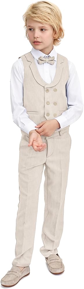 Lilax Boys Suit Set Slim Fit Vest, White Dress Shirt, Dress Pants and Bowtie 4 Piece Formal Suit Set