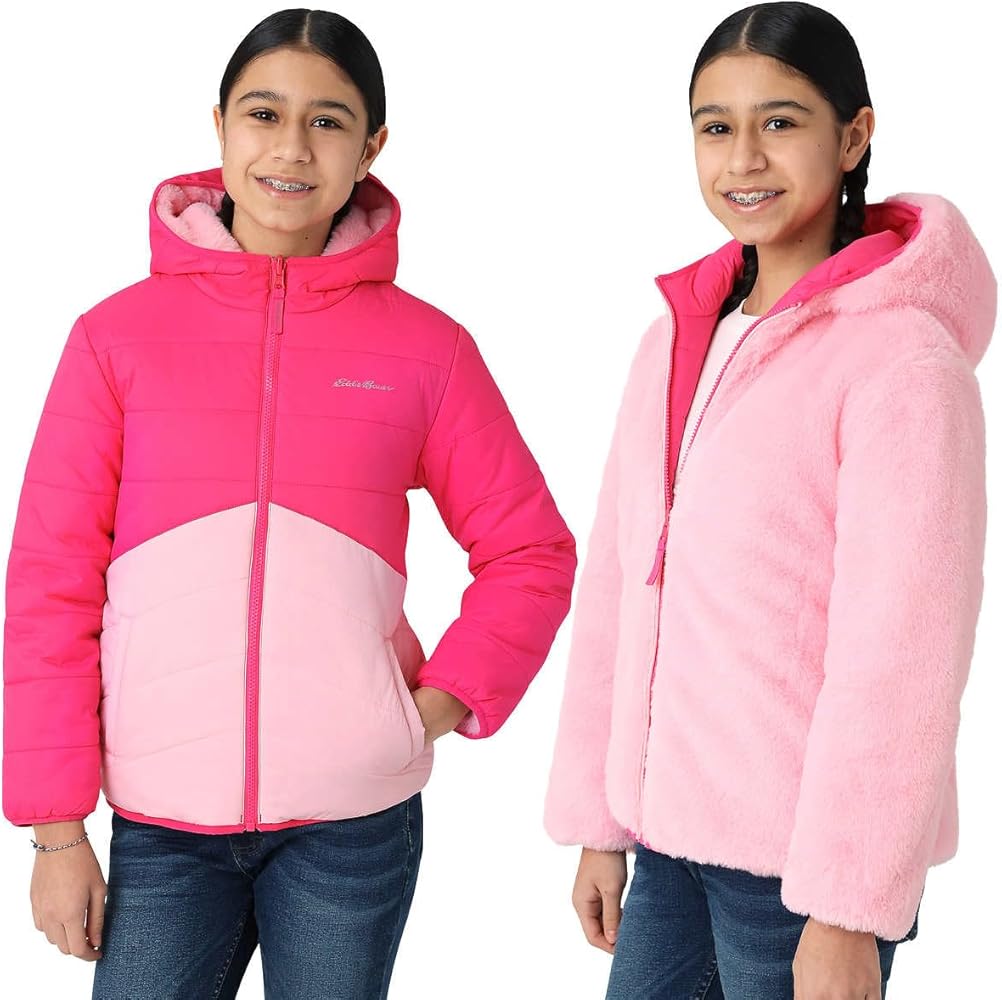 Eddie Bauer Kids Reversible Plush Hoodie Jacket (US, Alpha, Small, Regular, Magenta/Light Pink)