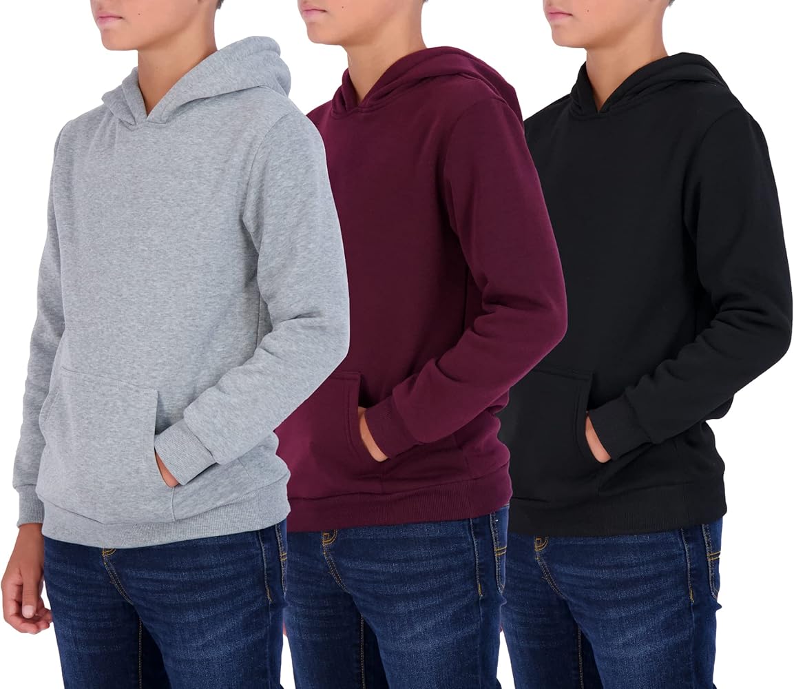 Real Essentials 3 Pack: Youth Fleece Long Sleeve Soft Pullover Hoodie Sweatshirt - Boys & Girls